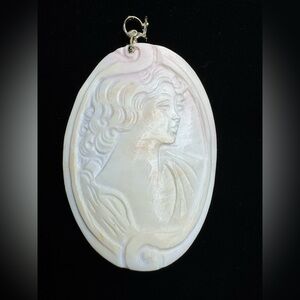 BOLD M+M Scognamiglio Sterling Silver Italy Carved Shell Lady Cameo 4" Pendant